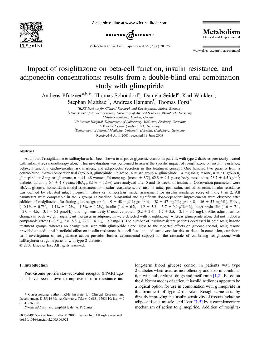 Impact of rosiglitazone on beta-cell function, insulin resistance, and adiponectin concentrations: results from a double-blind oral combination study with glimepiride