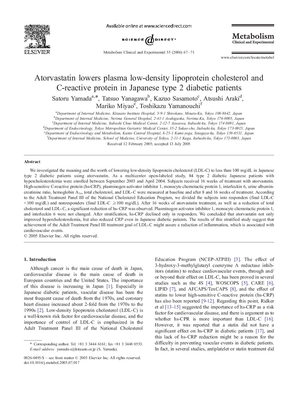 Atorvastatin lowers plasma low-density lipoprotein cholesterol and C-reactive protein in Japanese type 2 diabetic patients