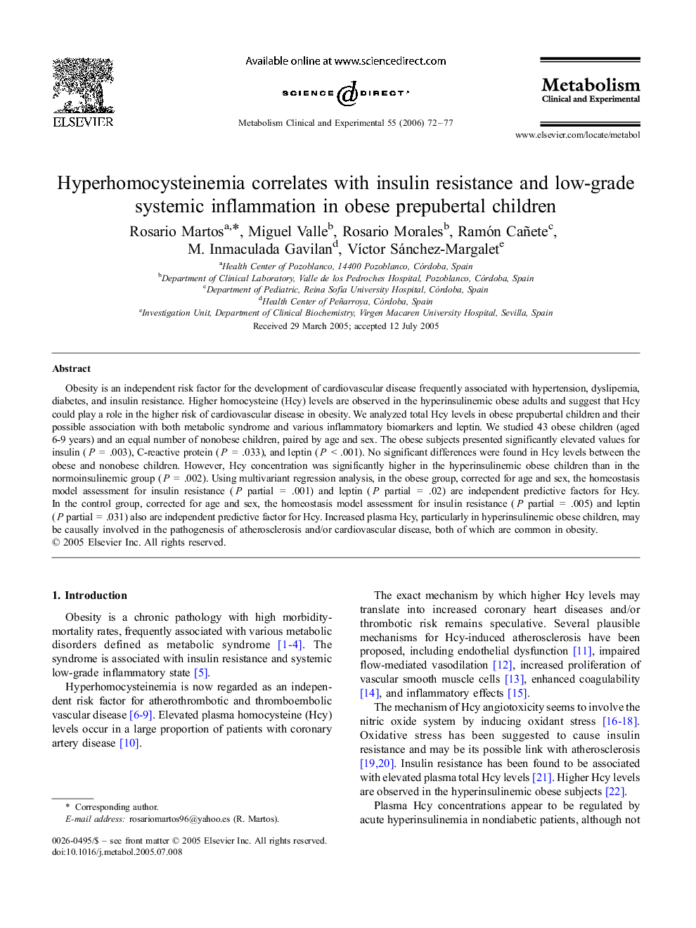 Hyperhomocysteinemia correlates with insulin resistance and low-grade systemic inflammation in obese prepubertal children