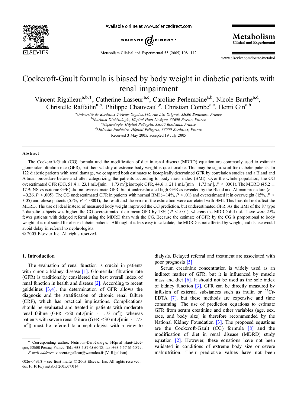 Cockcroft-Gault formula is biased by body weight in diabetic patients with renal impairment
