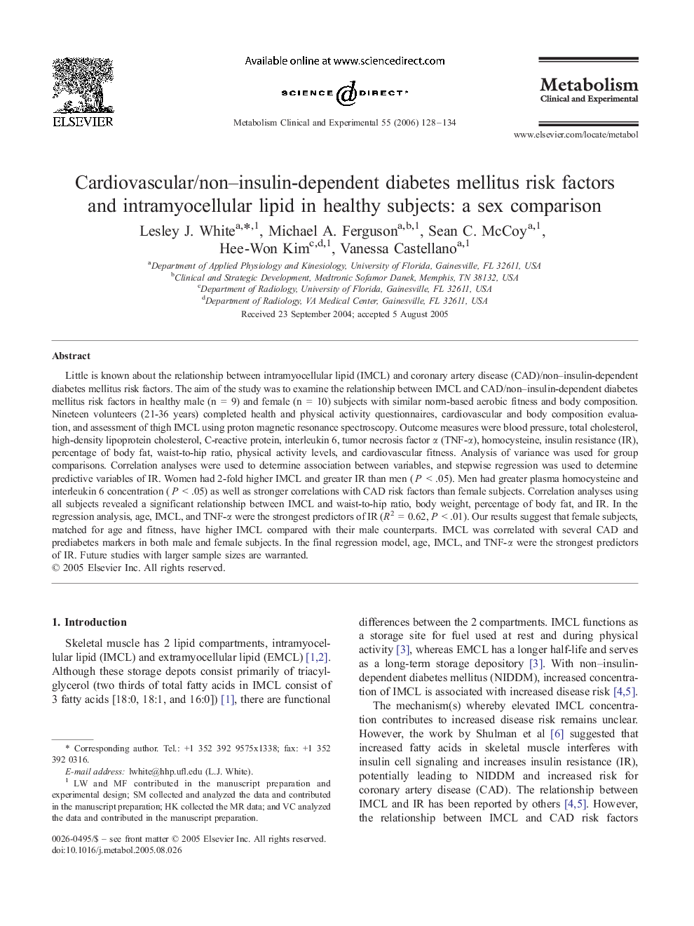 Cardiovascular/non–insulin-dependent diabetes mellitus risk factors and intramyocellular lipid in healthy subjects: a sex comparison