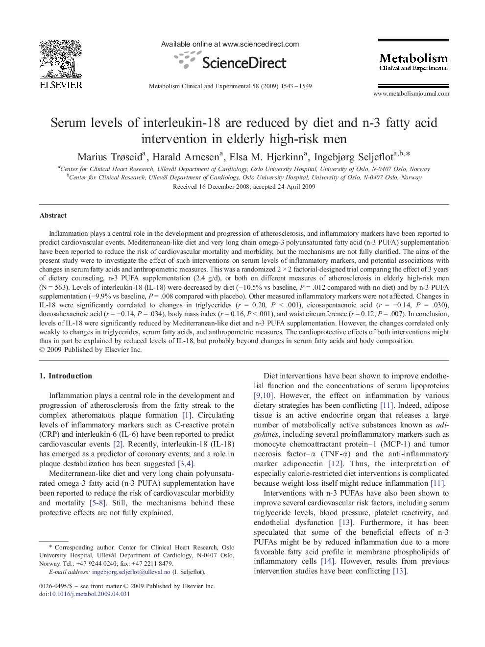 Serum levels of interleukin-18 are reduced by diet and n-3 fatty acid intervention in elderly high-risk men