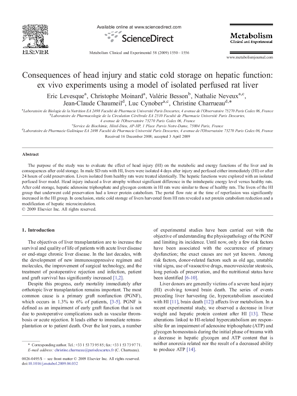 Consequences of head injury and static cold storage on hepatic function: ex vivo experiments using a model of isolated perfused rat liver