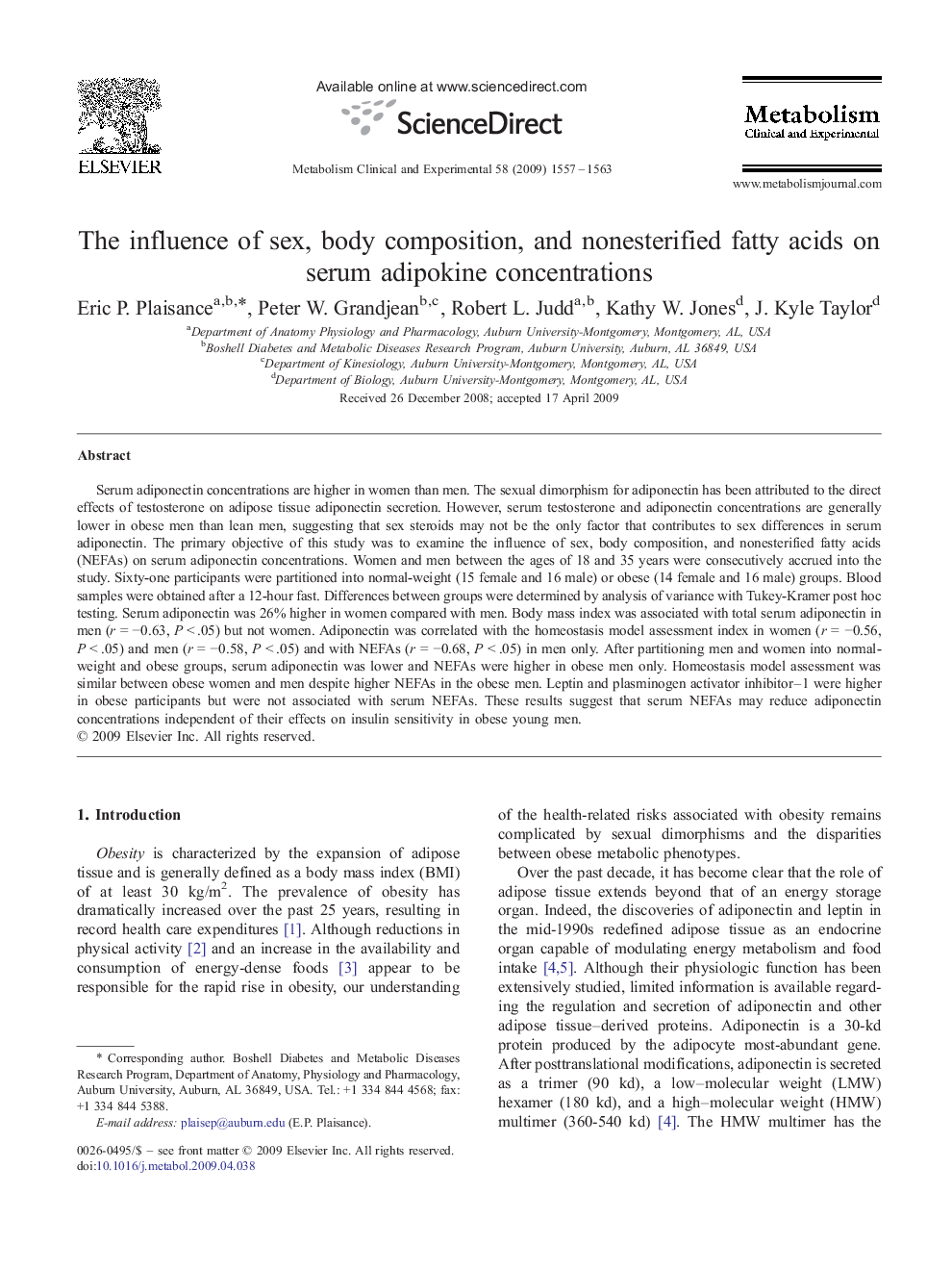The influence of sex, body composition, and nonesterified fatty acids on serum adipokine concentrations