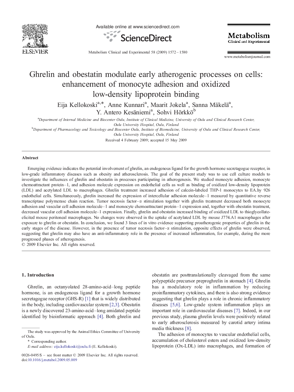 Ghrelin and obestatin modulate early atherogenic processes on cells: enhancement of monocyte adhesion and oxidized low-density lipoprotein binding 