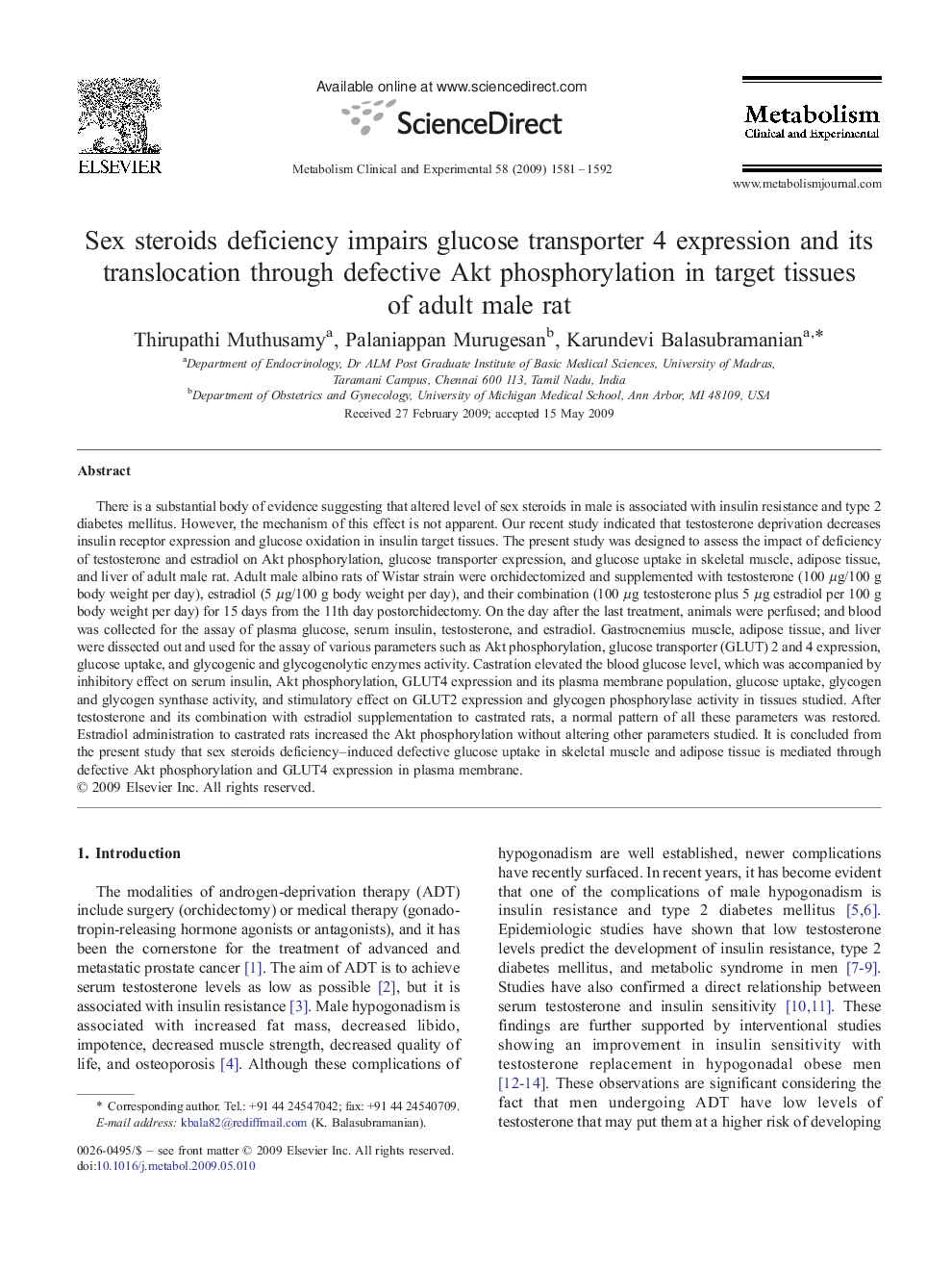 Sex steroids deficiency impairs glucose transporter 4 expression and its translocation through defective Akt phosphorylation in target tissues of adult male rat