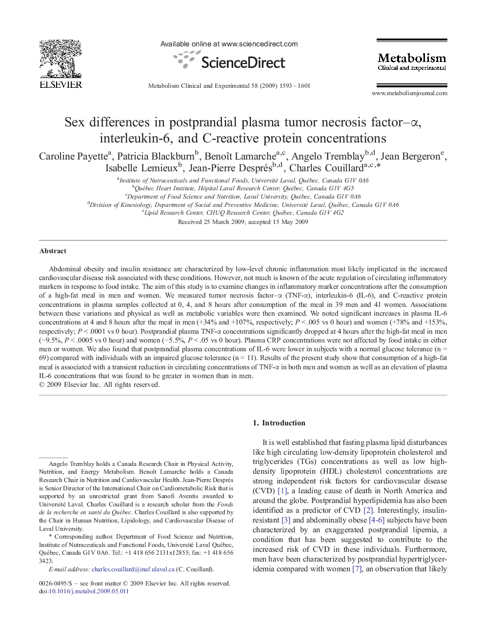 Sex differences in postprandial plasma tumor necrosis factor–α, interleukin-6, and C-reactive protein concentrations 