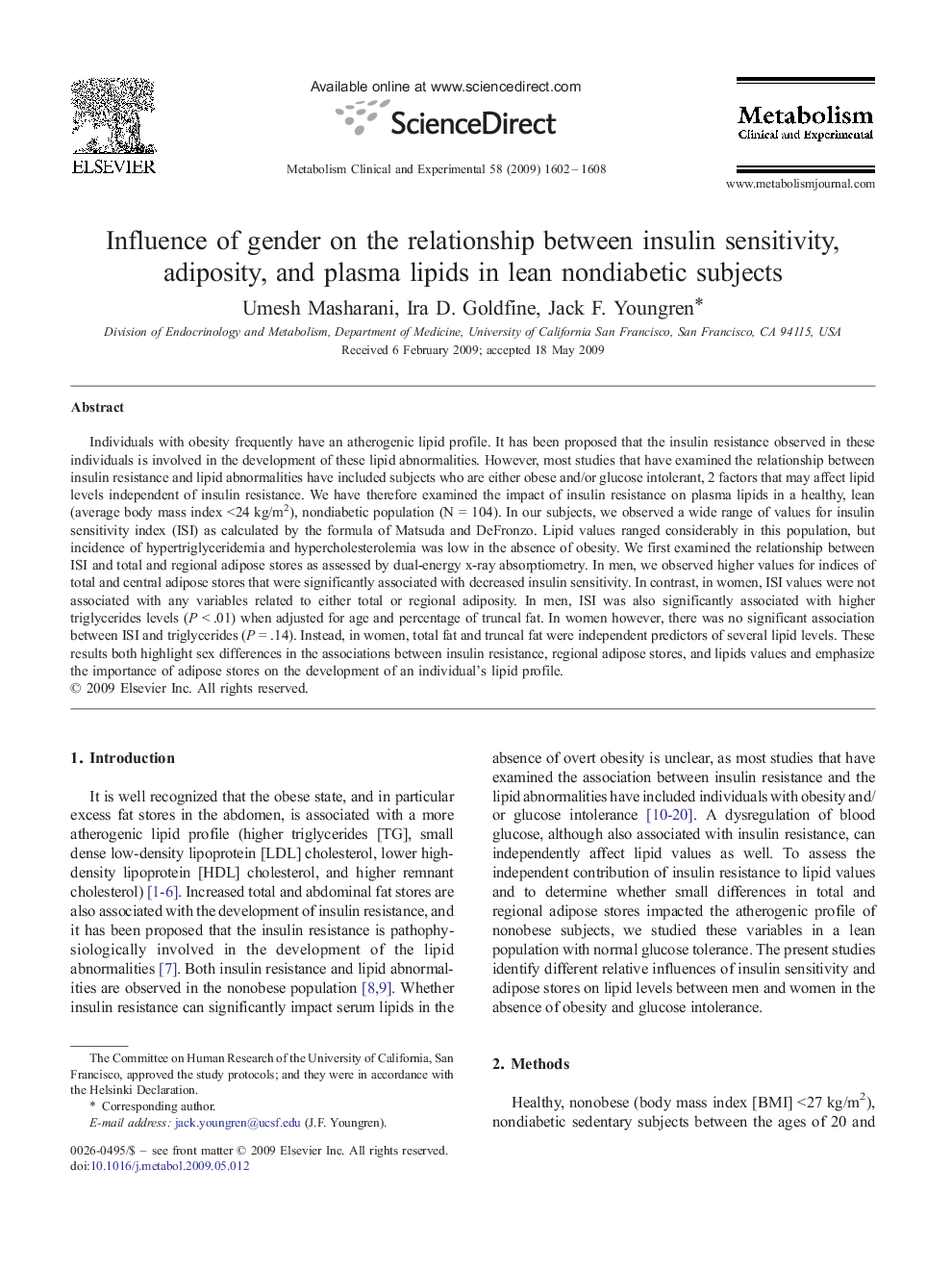 Influence of gender on the relationship between insulin sensitivity, adiposity, and plasma lipids in lean nondiabetic subjects 