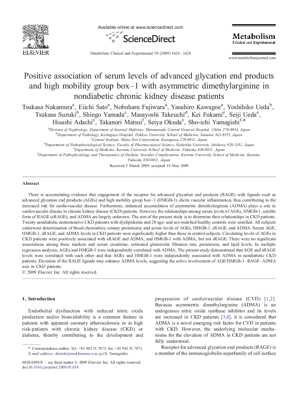 Positive association of serum levels of advanced glycation end products and high mobility group box–1 with asymmetric dimethylarginine in nondiabetic chronic kidney disease patients