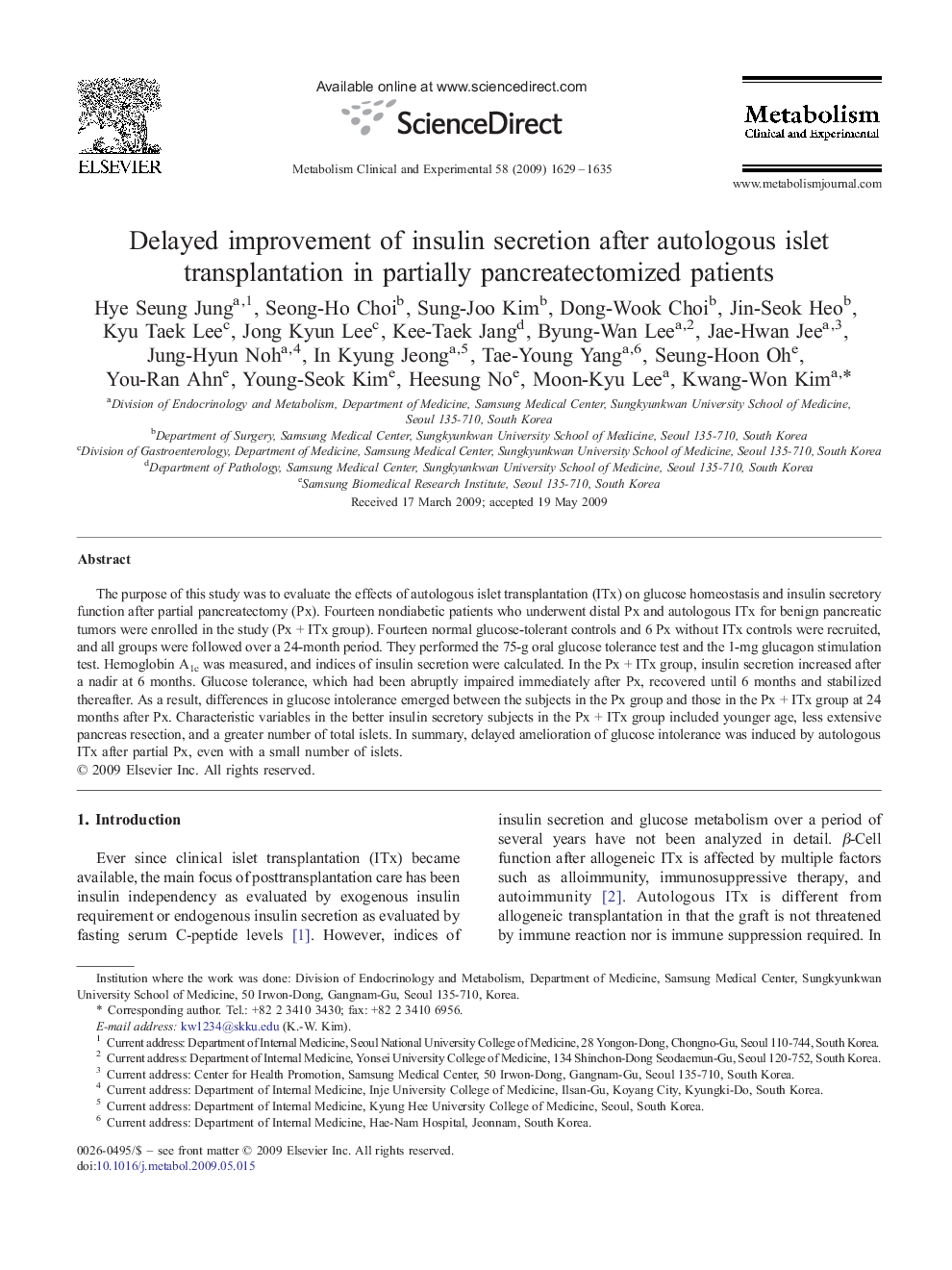 Delayed improvement of insulin secretion after autologous islet transplantation in partially pancreatectomized patients