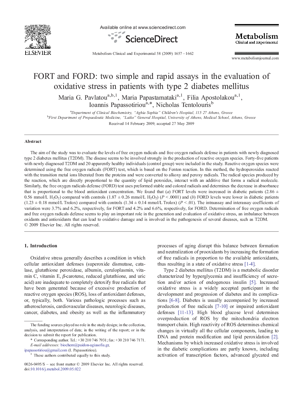FORT and FORD: two simple and rapid assays in the evaluation of oxidative stress in patients with type 2 diabetes mellitus 