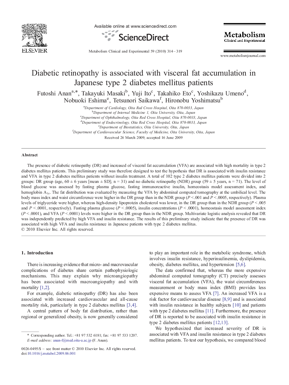 Diabetic retinopathy is associated with visceral fat accumulation in Japanese type 2 diabetes mellitus patients