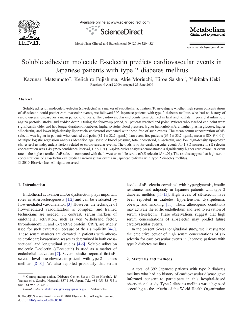 Soluble adhesion molecule E-selectin predicts cardiovascular events in Japanese patients with type 2 diabetes mellitus