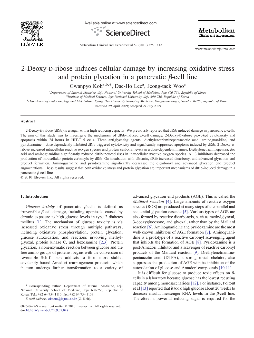 2-Deoxy-d-ribose induces cellular damage by increasing oxidative stress and protein glycation in a pancreatic β-cell line