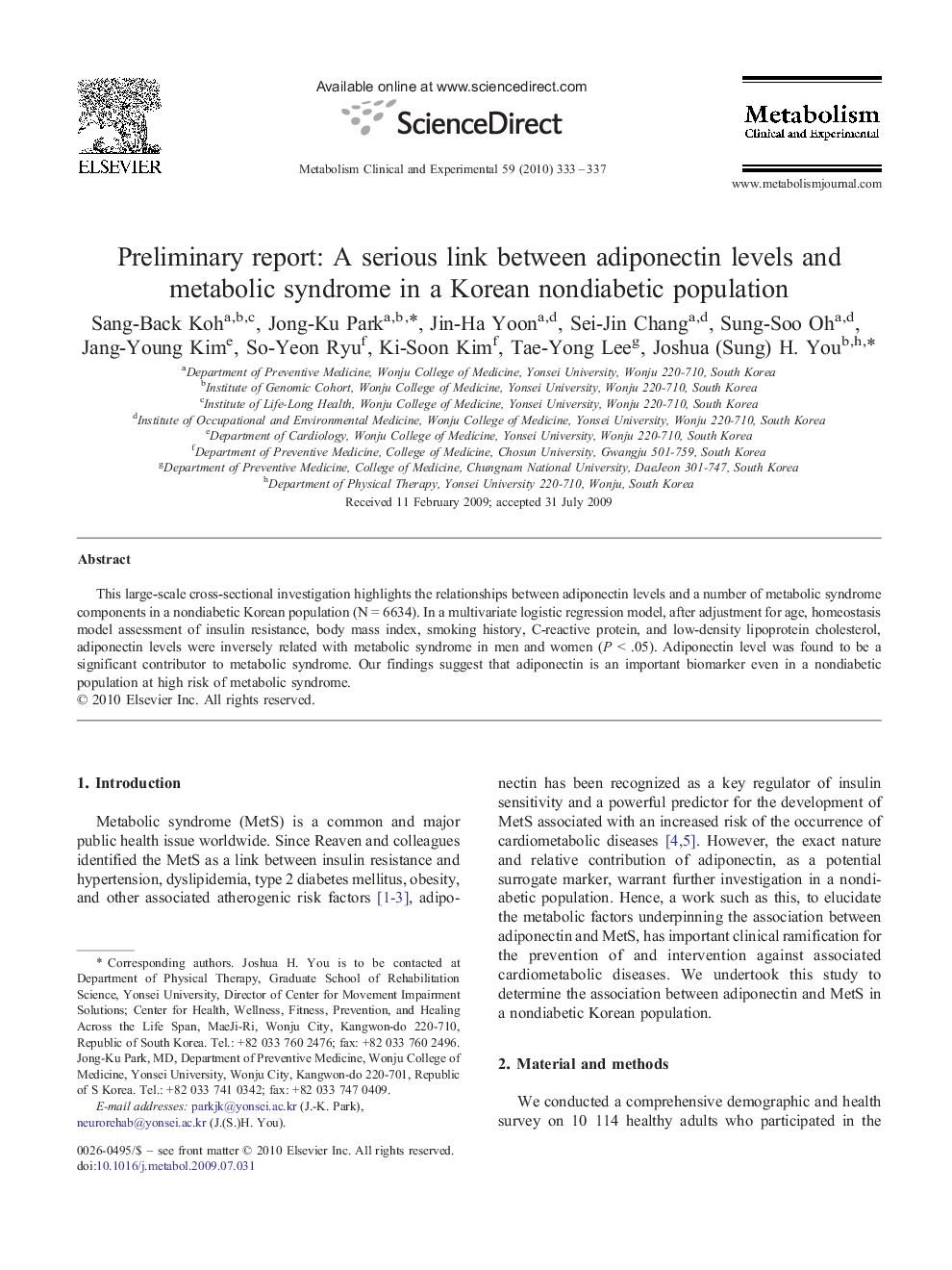 Preliminary report: A serious link between adiponectin levels and metabolic syndrome in a Korean nondiabetic population
