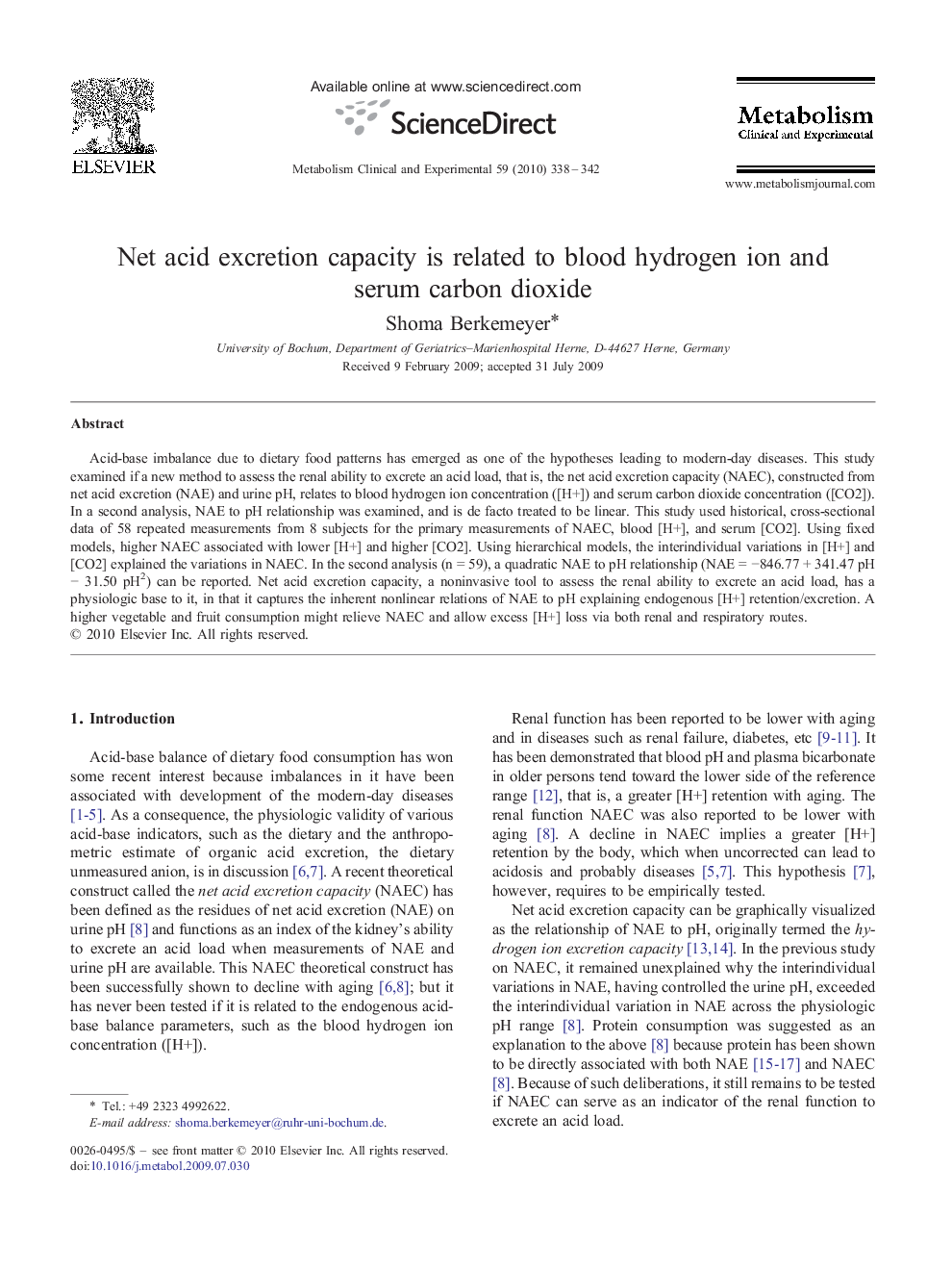 Net acid excretion capacity is related to blood hydrogen ion and serum carbon dioxide