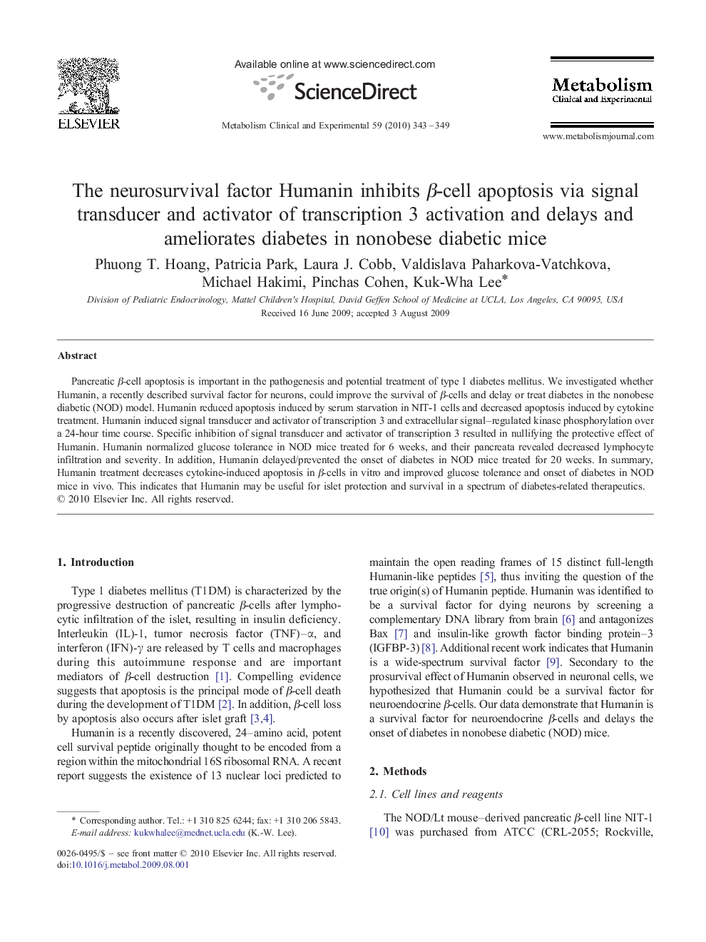 The neurosurvival factor Humanin inhibits β-cell apoptosis via signal transducer and activator of transcription 3 activation and delays and ameliorates diabetes in nonobese diabetic mice