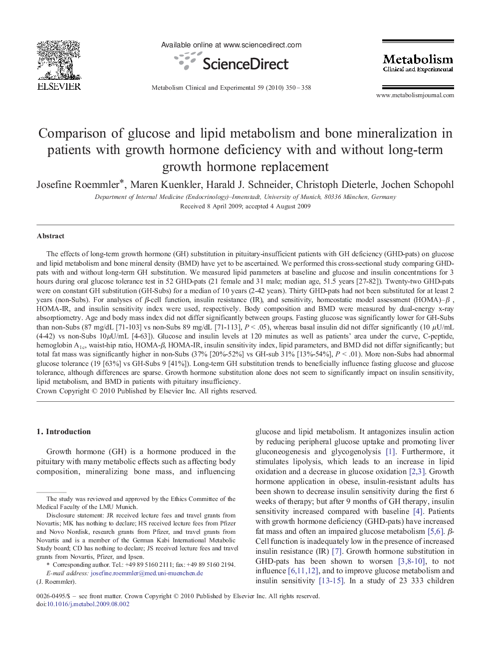 Comparison of glucose and lipid metabolism and bone mineralization in patients with growth hormone deficiency with and without long-term growth hormone replacement 