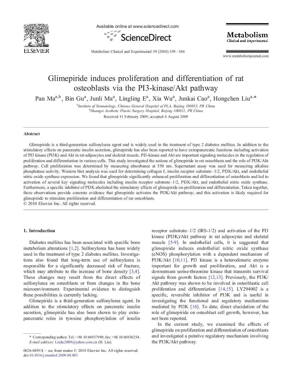 Glimepiride induces proliferation and differentiation of rat osteoblasts via the PI3-kinase/Akt pathway