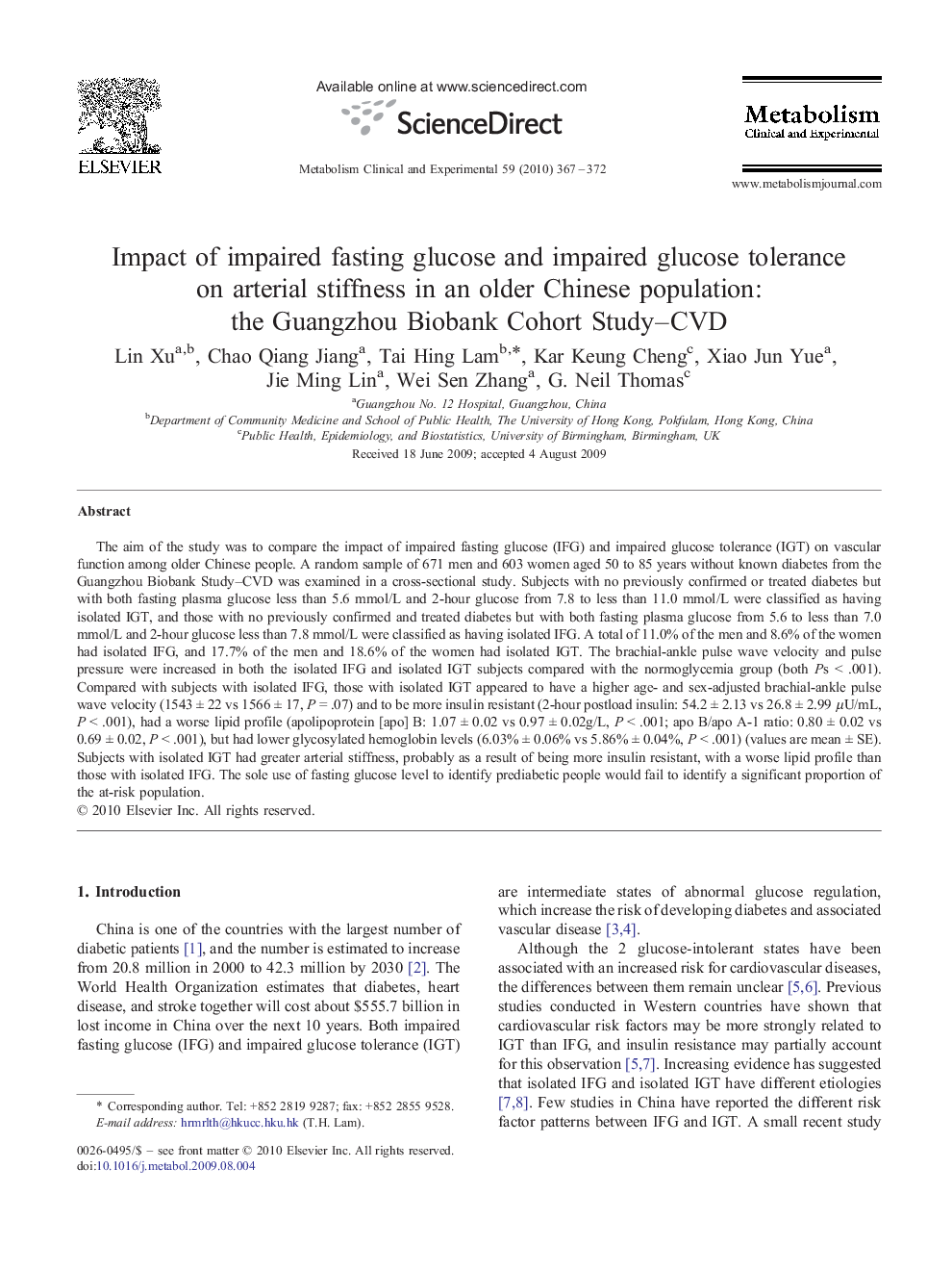 Impact of impaired fasting glucose and impaired glucose tolerance on arterial stiffness in an older Chinese population: the Guangzhou Biobank Cohort Study–CVD