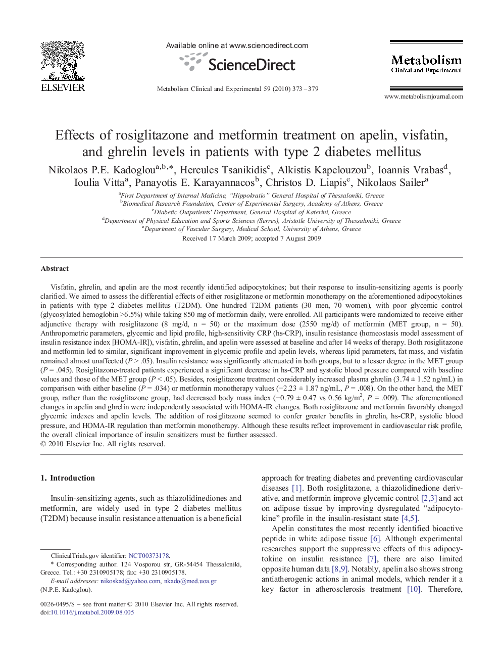 Effects of rosiglitazone and metformin treatment on apelin, visfatin, and ghrelin levels in patients with type 2 diabetes mellitus 