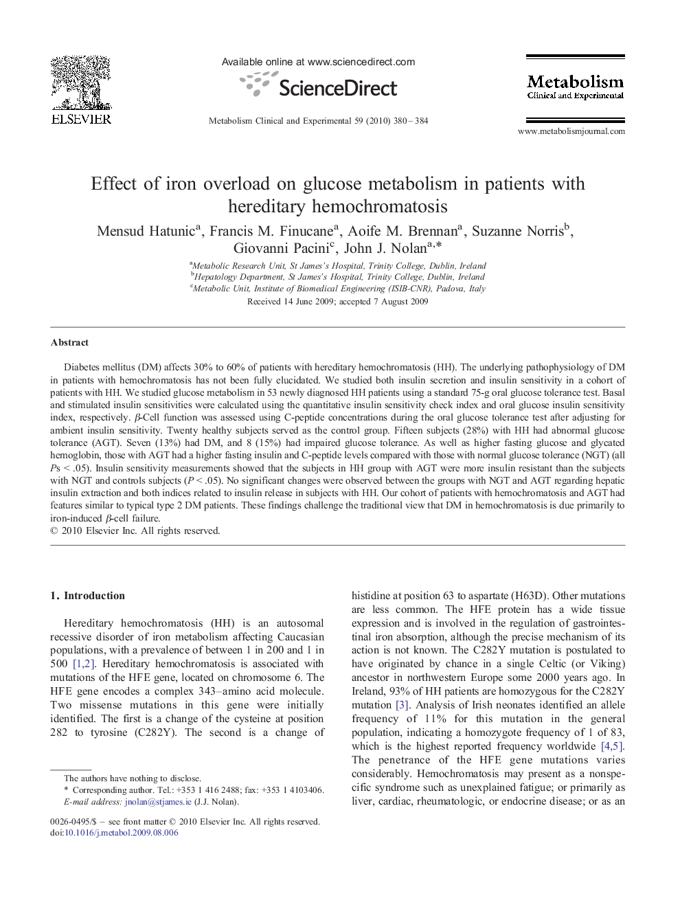 Effect of iron overload on glucose metabolism in patients with hereditary hemochromatosis 