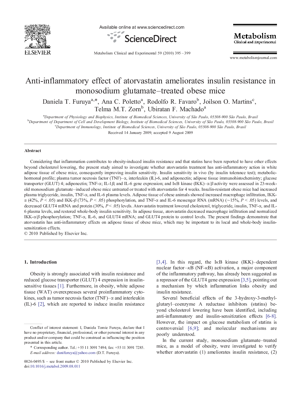 Anti-inflammatory effect of atorvastatin ameliorates insulin resistance in monosodium glutamate–treated obese mice 
