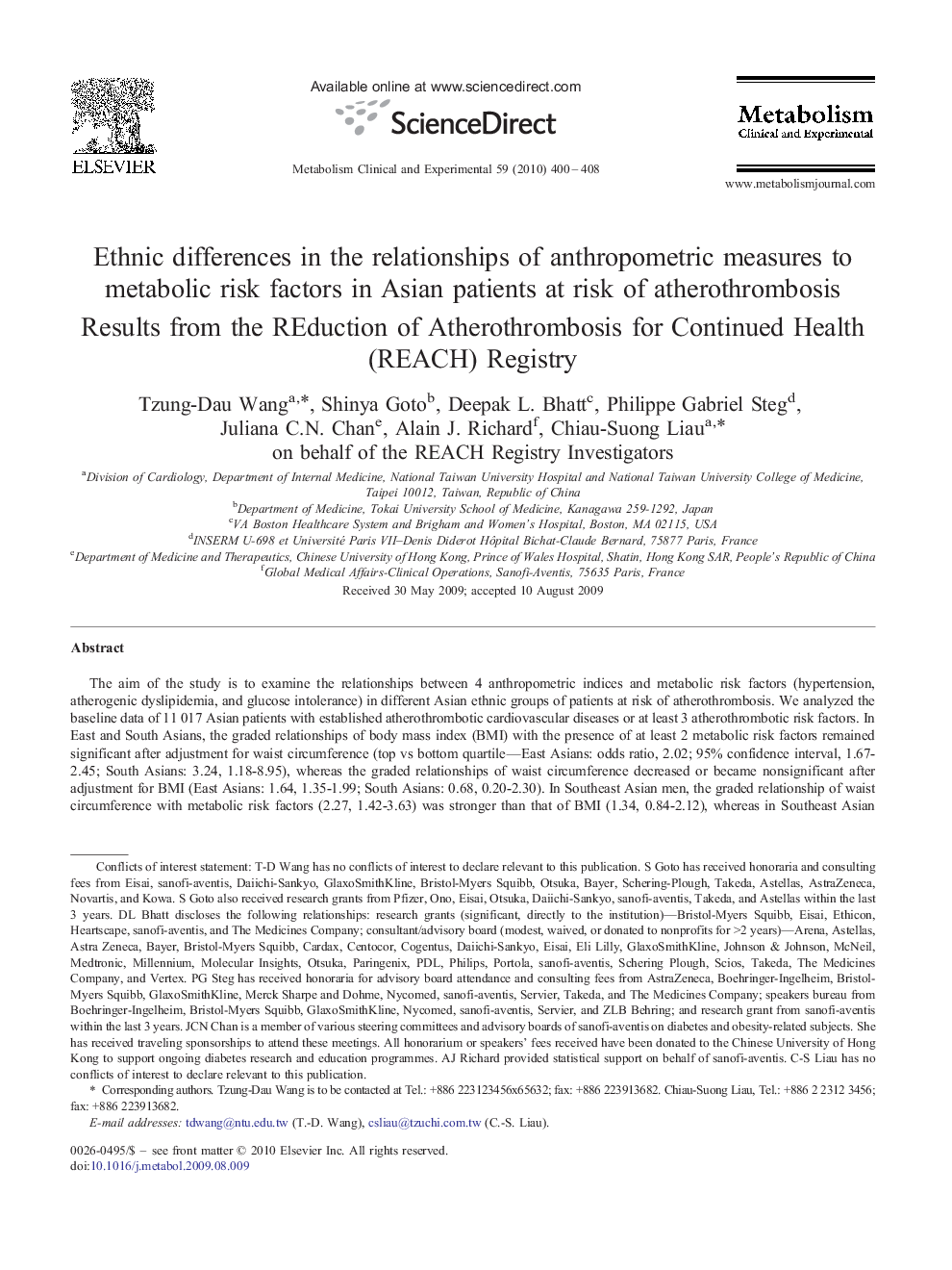 Ethnic differences in the relationships of anthropometric measures to metabolic risk factors in Asian patients at risk of atherothrombosis : Results from the REduction of Atherothrombosis for Continued Health (REACH) Registry