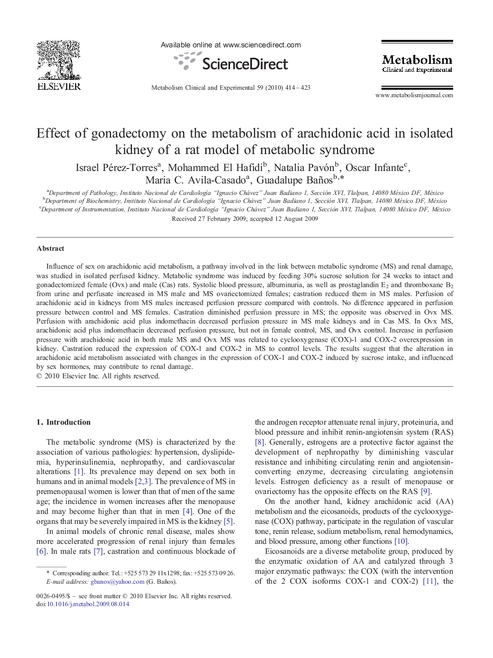 Effect of gonadectomy on the metabolism of arachidonic acid in isolated kidney of a rat model of metabolic syndrome