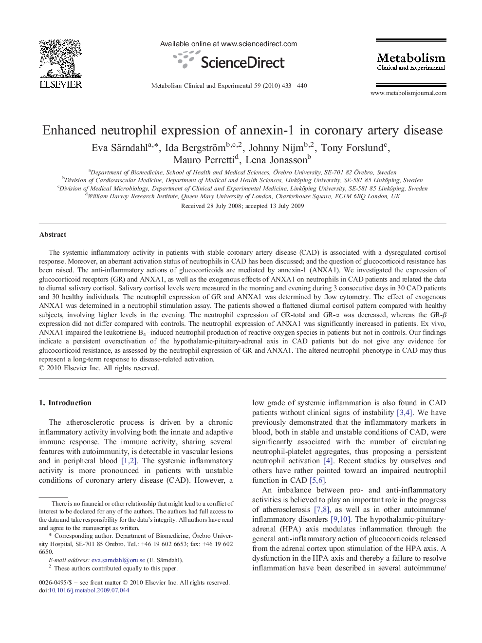 Enhanced neutrophil expression of annexin-1 in coronary artery disease 