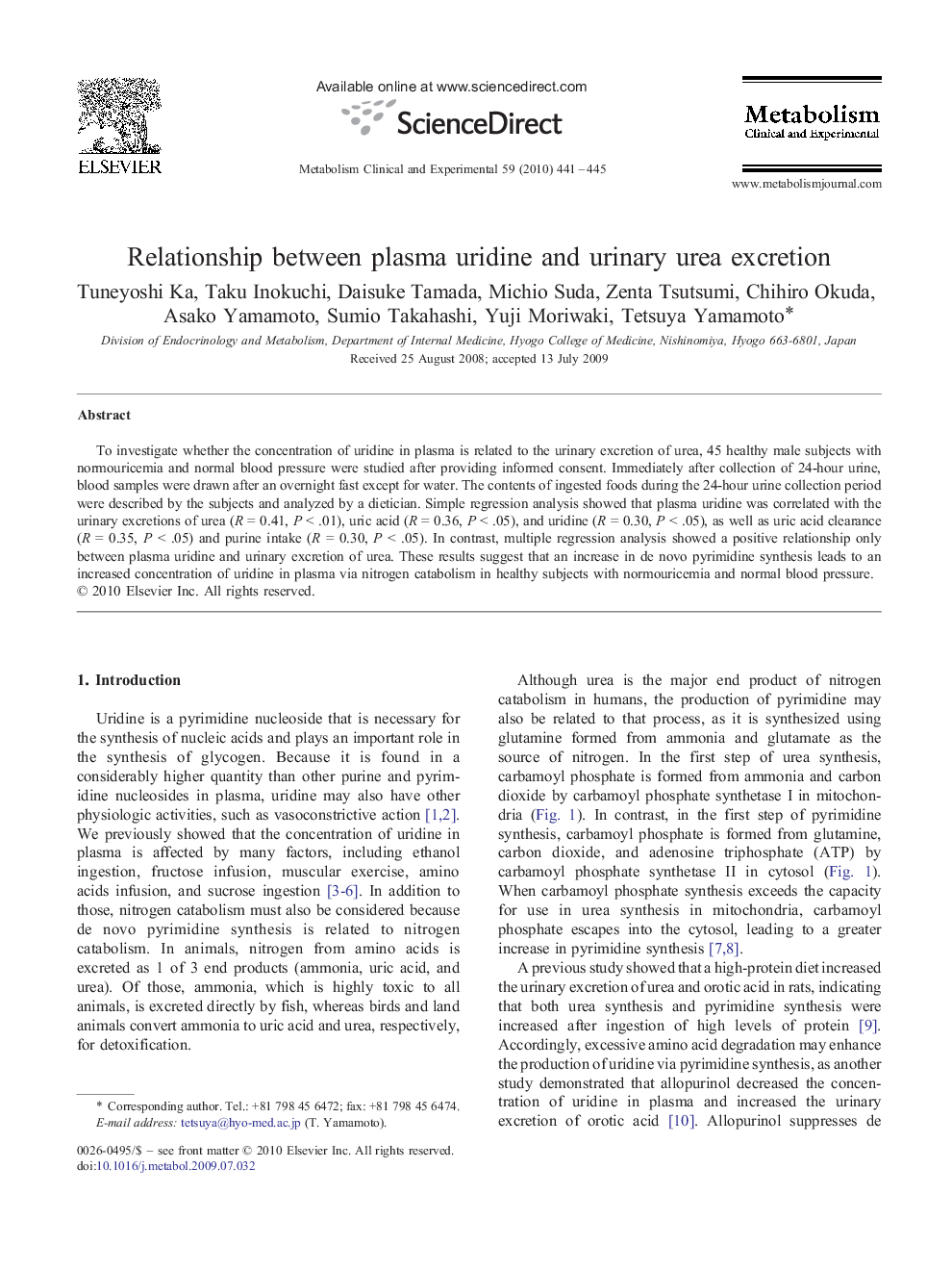 Relationship between plasma uridine and urinary urea excretion