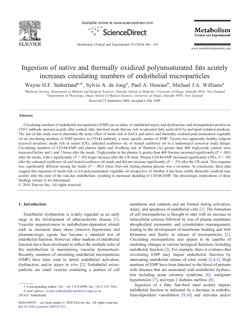 Ingestion of native and thermally oxidized polyunsaturated fats acutely increases circulating numbers of endothelial microparticles