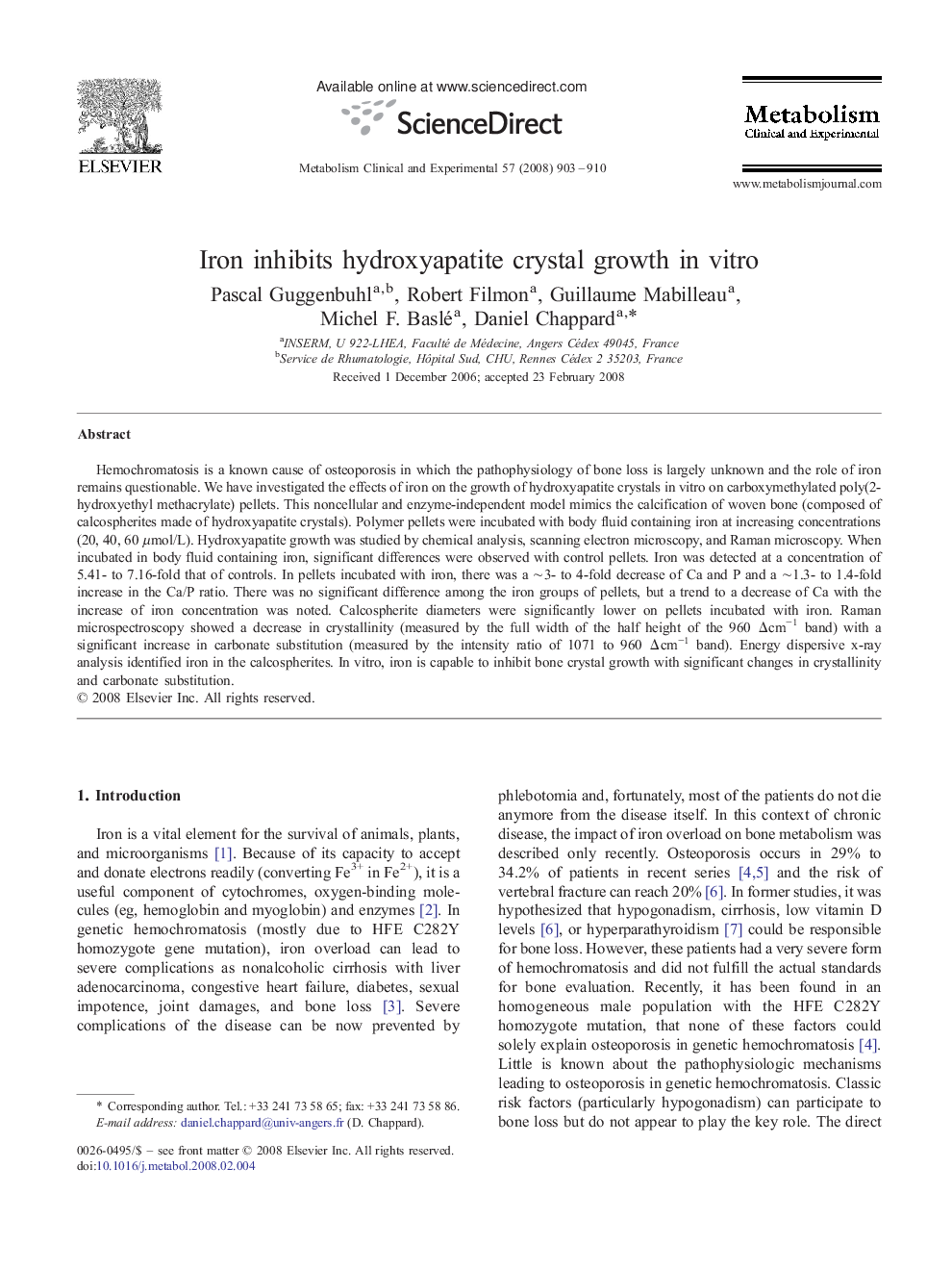 Iron inhibits hydroxyapatite crystal growth in vitro