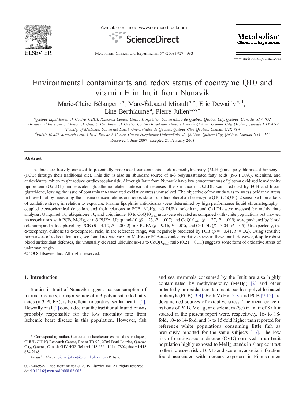 Environmental contaminants and redox status of coenzyme Q10 and vitamin E in Inuit from Nunavik