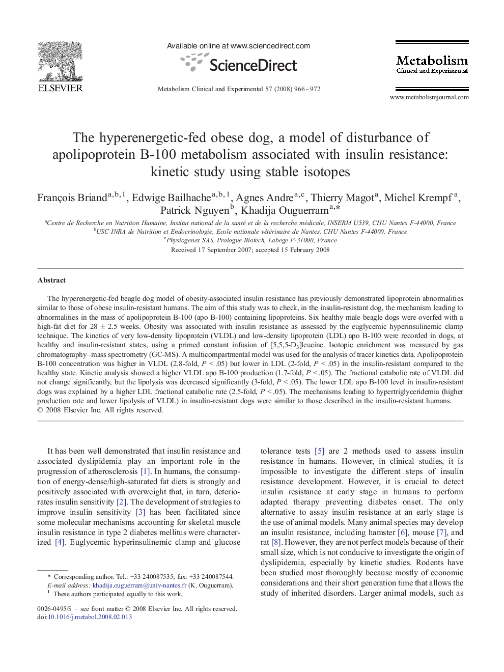 The hyperenergetic-fed obese dog, a model of disturbance of apolipoprotein B-100 metabolism associated with insulin resistance: kinetic study using stable isotopes