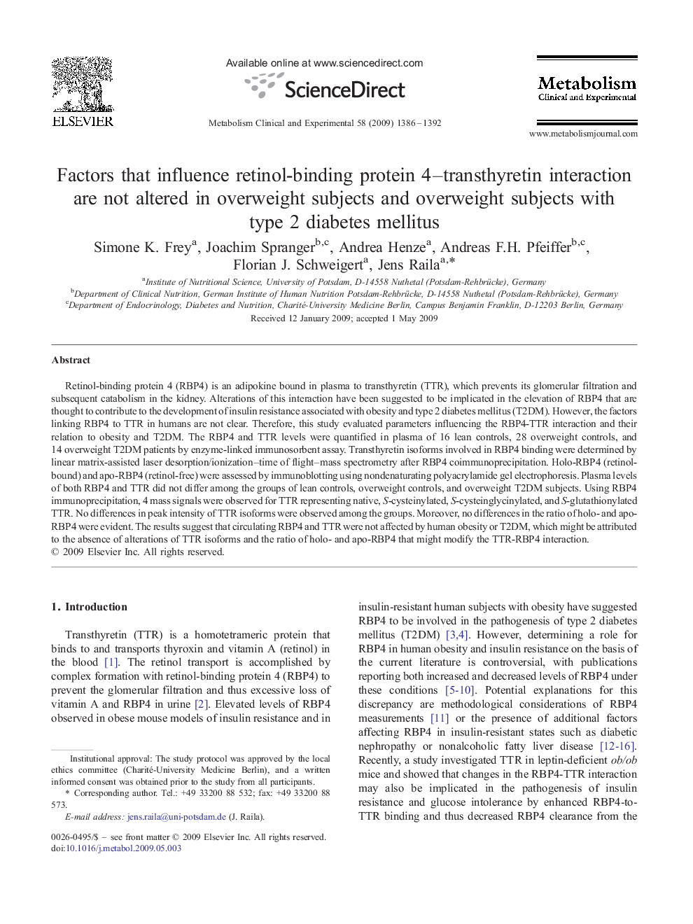 عکس صفحه اول مقاله: Factors that influence retinol-binding protein 4–transthyretin interaction are not altered in overweight subjects and overweight subjects with type 2 diabetes mellitus Factors that influence retinol-binding protein 4–transthyretin interaction are not altered in overweight subjects and overweight subjects with type 2 diabetes mellitus