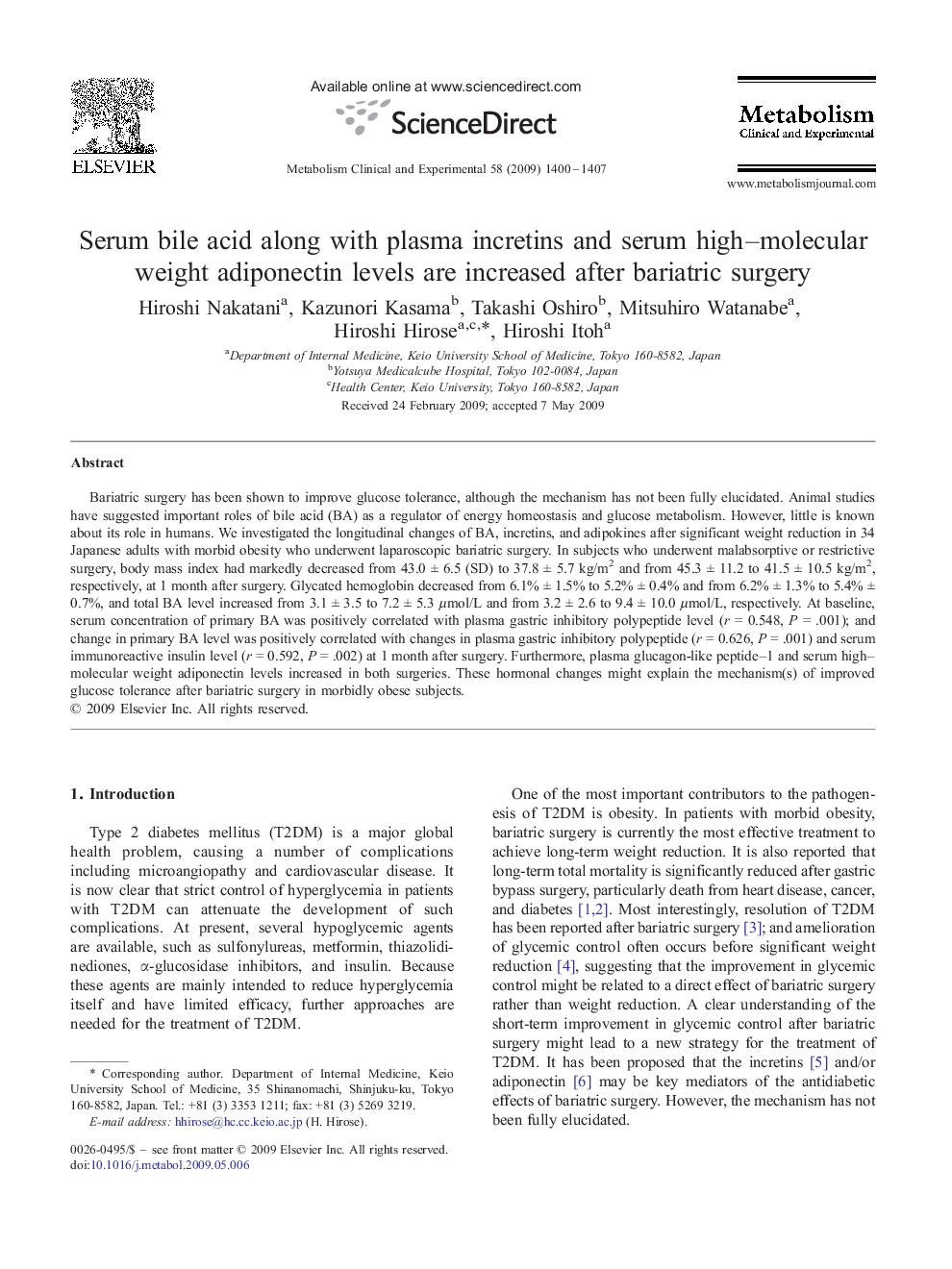 Serum bile acid along with plasma incretins and serum high–molecular weight adiponectin levels are increased after bariatric surgery