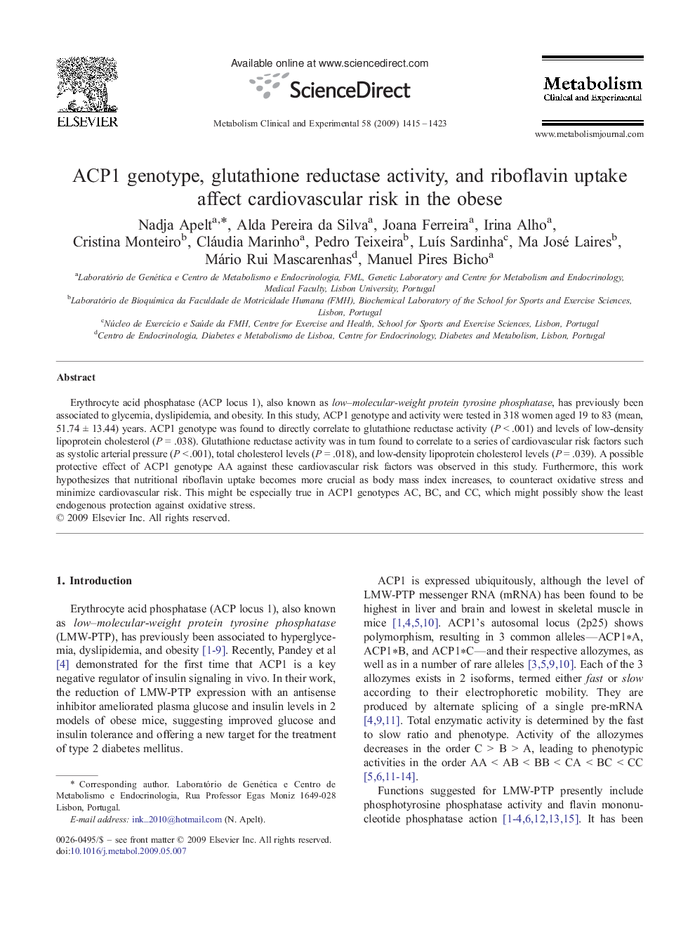 ACP1 genotype, glutathione reductase activity, and riboflavin uptake affect cardiovascular risk in the obese