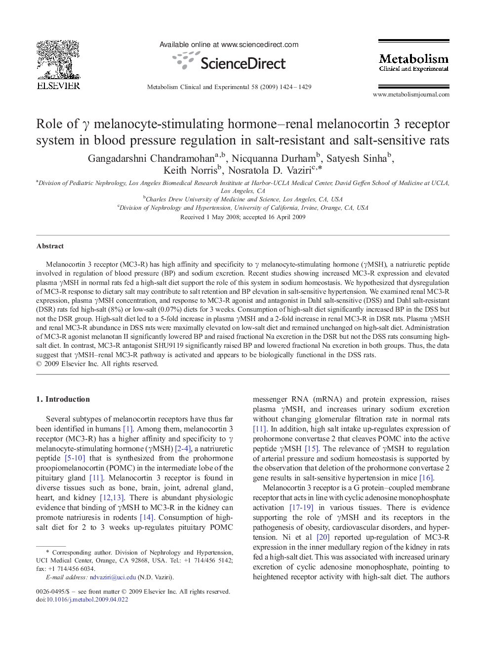 Role of γ melanocyte-stimulating hormone–renal melanocortin 3 receptor system in blood pressure regulation in salt-resistant and salt-sensitive rats