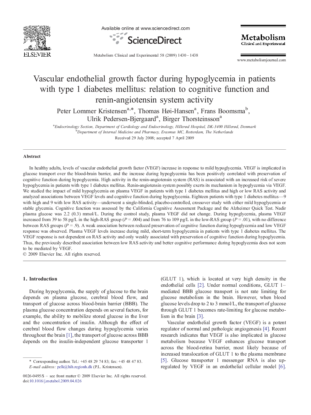 Vascular endothelial growth factor during hypoglycemia in patients with type 1 diabetes mellitus: relation to cognitive function and renin-angiotensin system activity