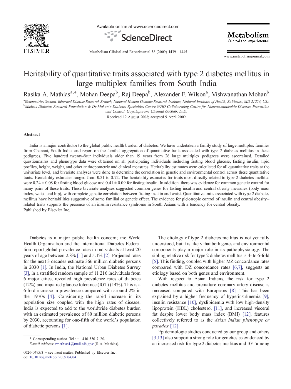 Heritability of quantitative traits associated with type 2 diabetes mellitus in large multiplex families from South India