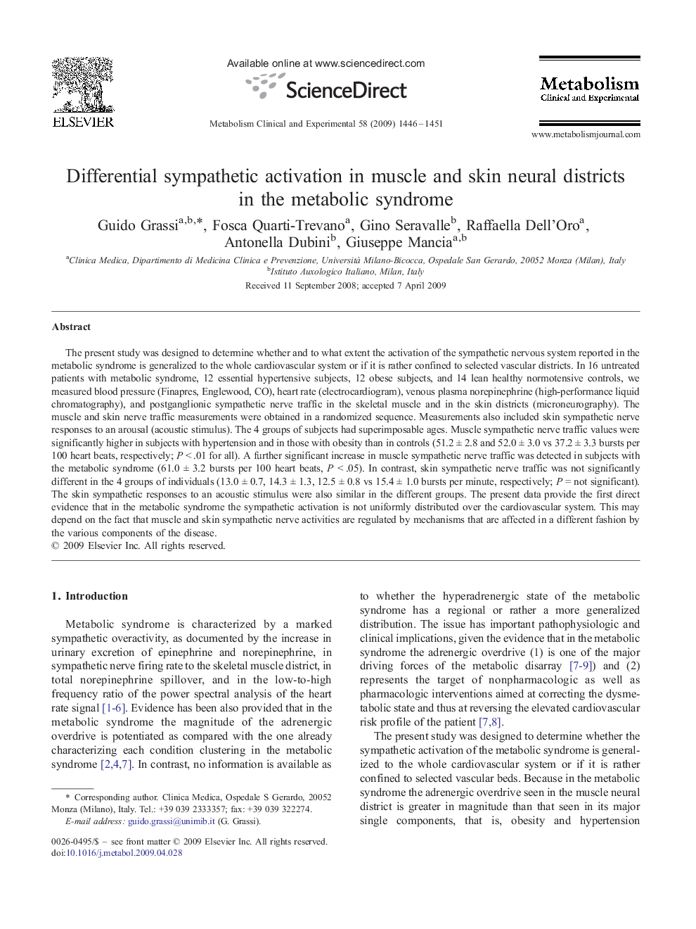 Differential sympathetic activation in muscle and skin neural districts in the metabolic syndrome