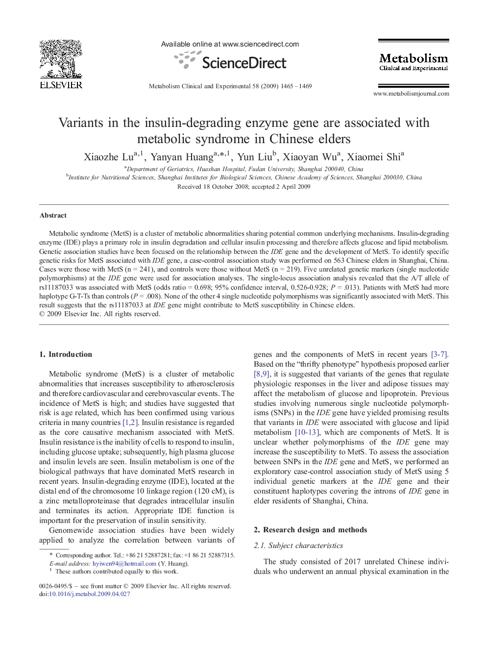 Variants in the insulin-degrading enzyme gene are associated with metabolic syndrome in Chinese elders