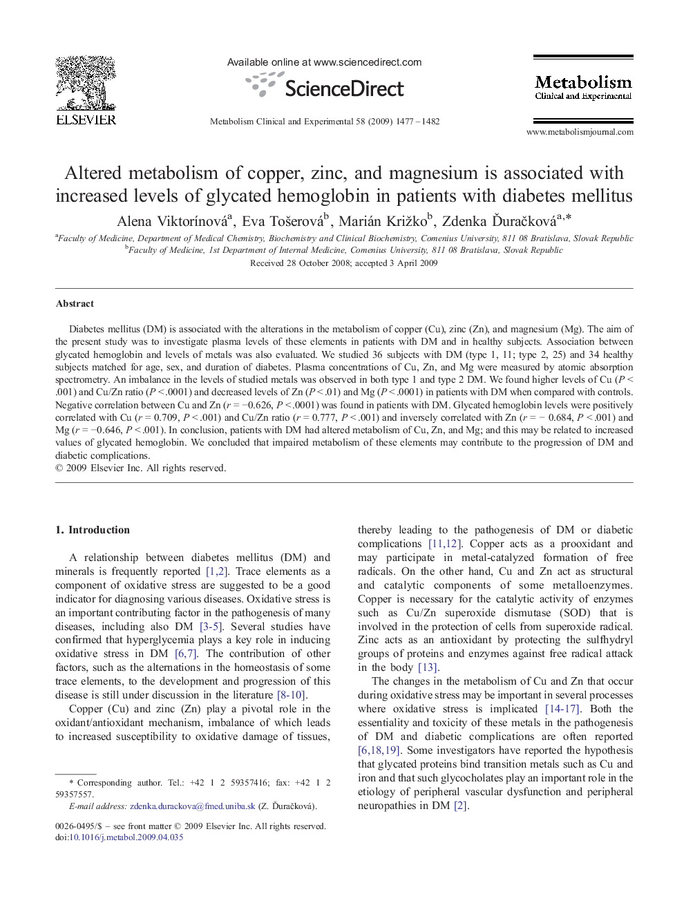 Altered metabolism of copper, zinc, and magnesium is associated with increased levels of glycated hemoglobin in patients with diabetes mellitus
