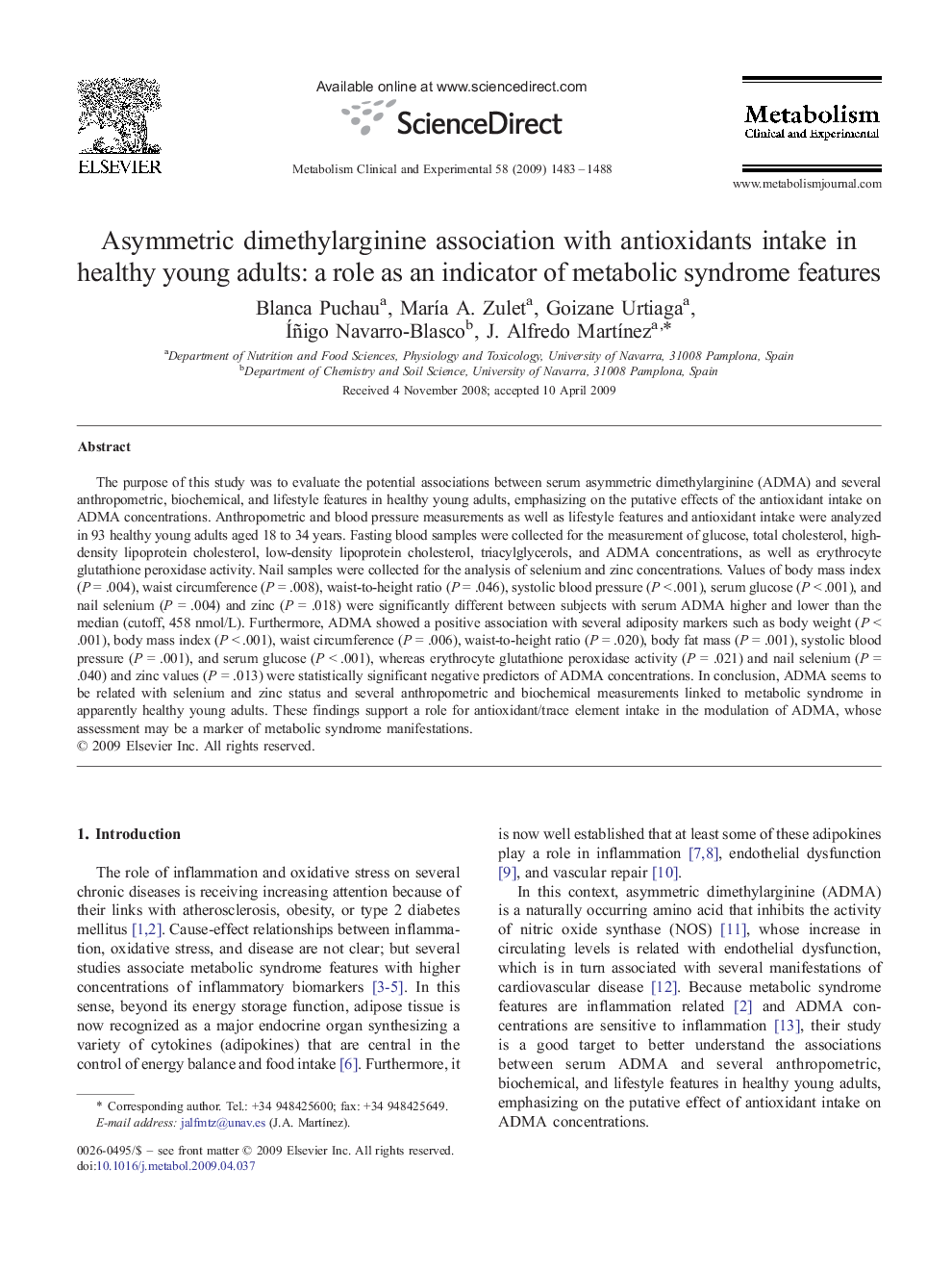 Asymmetric dimethylarginine association with antioxidants intake in healthy young adults: a role as an indicator of metabolic syndrome features