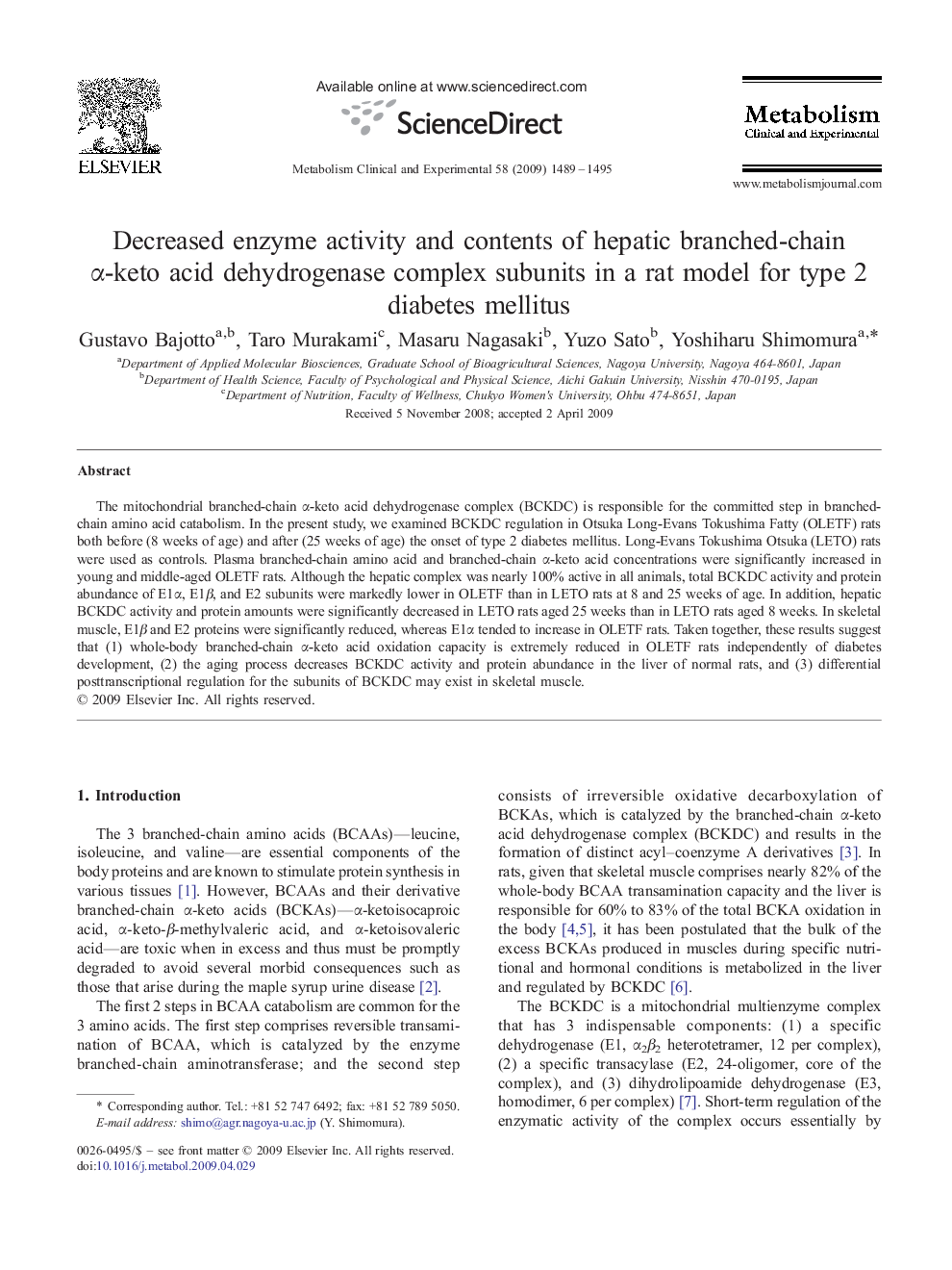 Decreased enzyme activity and contents of hepatic branched-chain α-keto acid dehydrogenase complex subunits in a rat model for type 2 diabetes mellitus