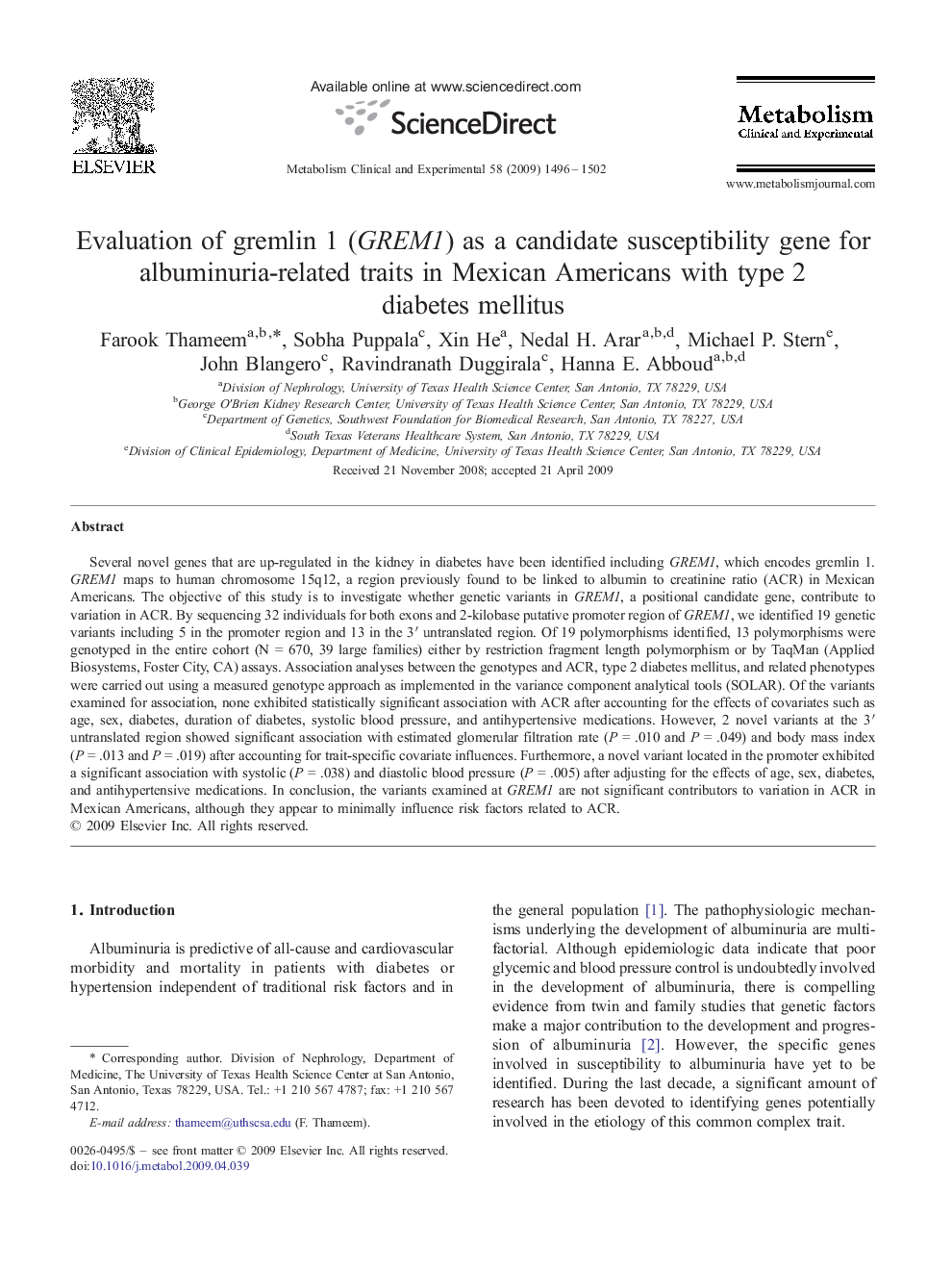 عکس صفحه اول مقاله: Evaluation of gremlin 1 (GREM1) as a candidate susceptibility gene for albuminuria-related traits in Mexican Americans with type 2 diabetes mellitus Evaluation of gremlin 1 (GREM1) as a candidate susceptibility gene for albuminuria-related traits in Mexican Americans with type 2 diabetes mellitus