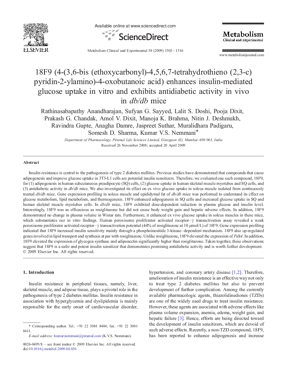 عکس صفحه اول مقاله: 18F9 (4-(3,6-bis (ethoxycarbonyl)-4,5,6,7-tetrahydrothieno (2,3-c) pyridin-2-ylamino)-4-oxobutanoic acid) enhances insulin-mediated glucose uptake in vitro and exhibits antidiabetic activity in vivo in db/db mice 18F9 (4-(3,6-bis (ethoxycarbonyl)-4,5,6,7-tetrahydrothieno (2,3-c) pyridin-2-ylamino)-4-oxobutanoic acid) enhances insulin-mediated glucose uptake in vitro and exhibits antidiabetic activity in vivo in db/db mice