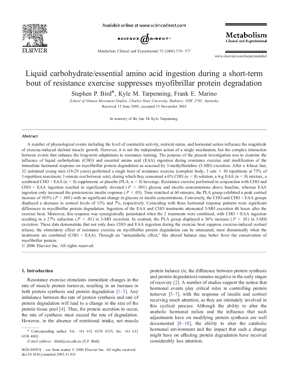 عکس صفحه اول مقاله: Liquid carbohydrate/essential amino acid ingestion during a short-term bout of resistance exercise suppresses myofibrillar protein degradation Liquid carbohydrate/essential amino acid ingestion during a short-term bout of resistance exercise suppresses myofibrillar protein degradation