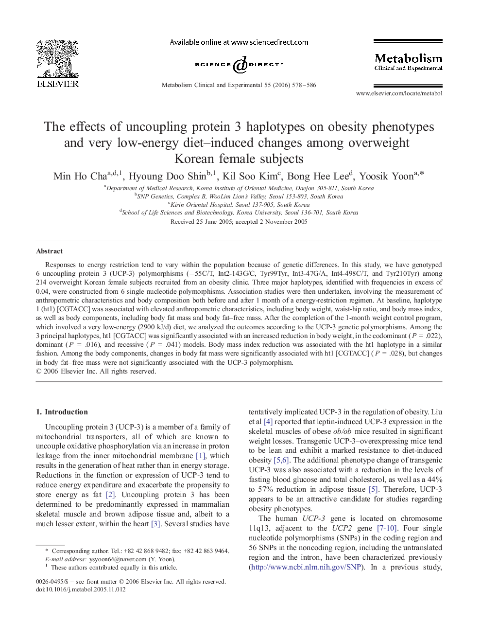 عکس صفحه اول مقاله: The effects of uncoupling protein 3 haplotypes on obesity phenotypes and very low-energy diet–induced changes among overweight Korean female subjects The effects of uncoupling protein 3 haplotypes on obesity phenotypes and very low-energy diet–induced changes among overweight Korean female subjects